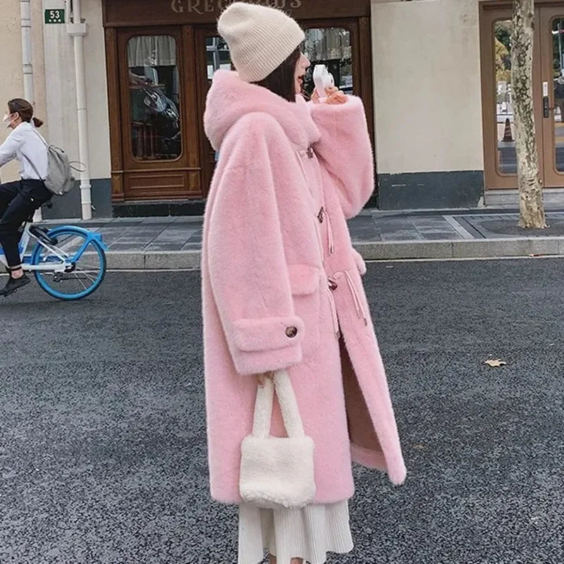 Lamb Fur Jackets Women Overcoat Winter New Plus velvet Thick Warm Parker Jacket Loose Horn Buckle Long Cute Hooded Coat Outwear