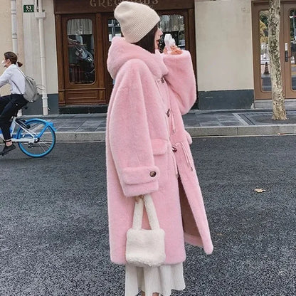 Lamb Fur Jackets Women Overcoat Winter New Plus velvet Thick Warm Parker Jacket Loose Horn Buckle Long Cute Hooded Coat Outwear