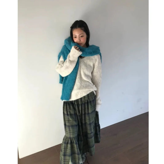 Retro Green Plaid Loose Long Skirt Half-length Skirt Sweet Style Cotton Polyester Material Daily Wear Midi Skirt H-Shape