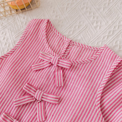 Humor Bear Summer Girls' Suits Pink vertical stripe Bow Sleeveless Vest Top+Pants Two-piece Set Sweet Kids' Clothing Sets