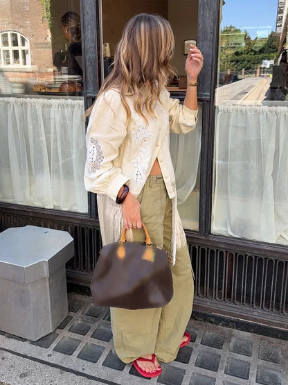 Women's Tassel Hem Vintage Tops Long Sleeved Single Breasted Button Out Stand Up Collar Coat Autumn Bohemian Street Daily Outfit