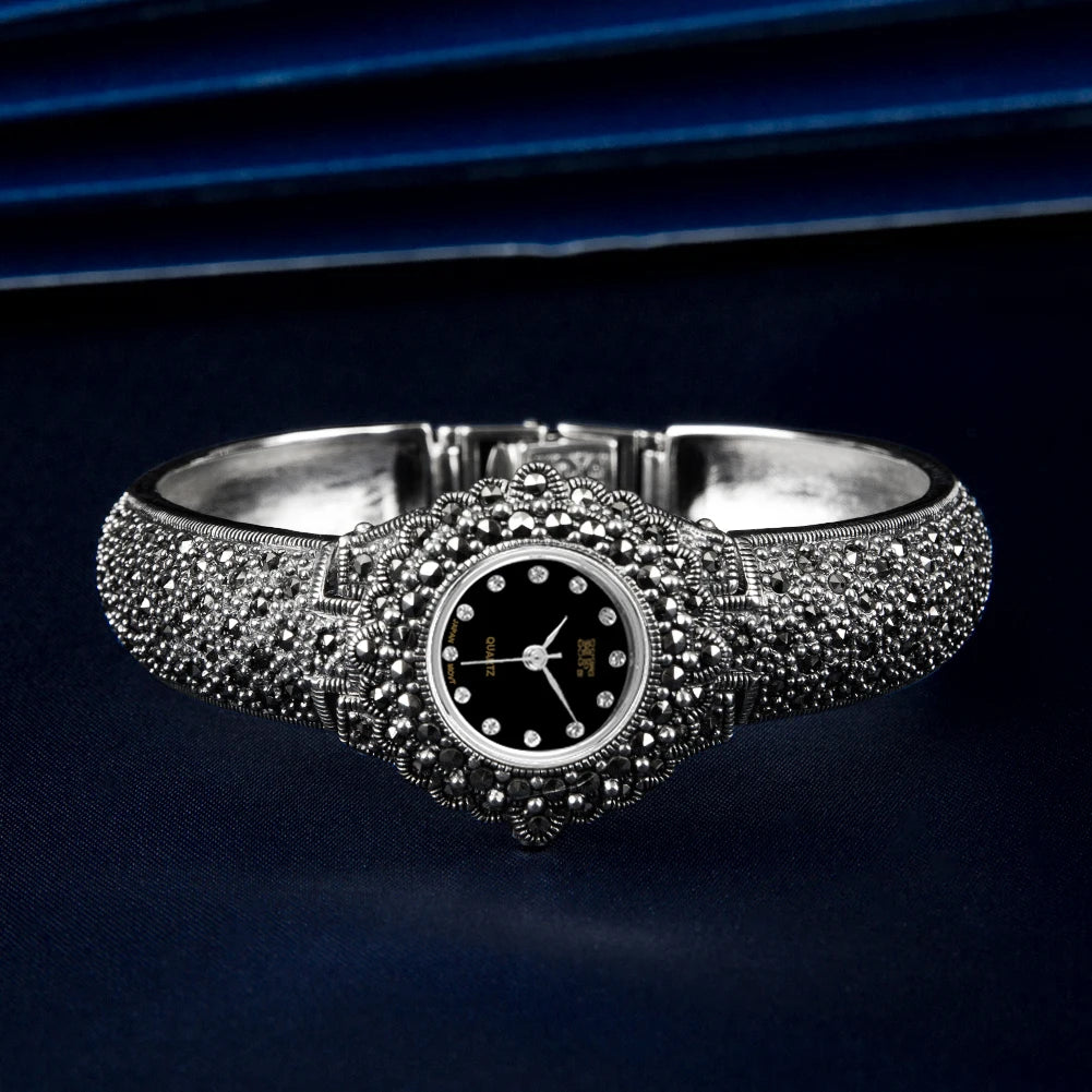 Solid 925 Sterling Silver Thailand Silver  Marcasite Luxury Wrist Watches Jewelry Women's Quartz Watches Bracelet Fine Jewelry