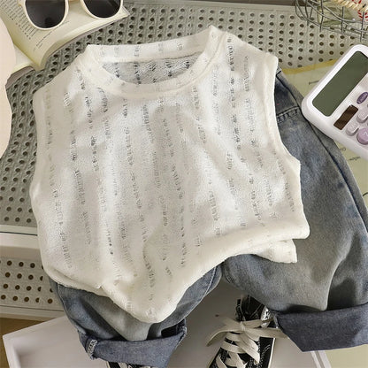 Summer Boys T-shirts Tops For Kids Baby Hollow Knit Vest Tees Children's Clothing Casual Solid Color Breathable Sleeveless Tops