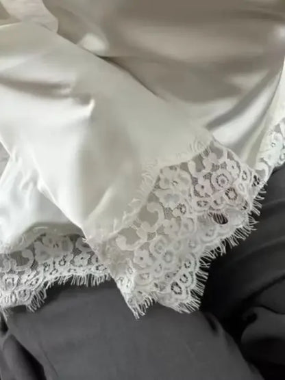 Women Elegant Satin Lace Patchwork Top O-neck Loose Long Sleeves Lace Up Shirt 2026 Female Spring Autumn Lady Chic T-shirt
