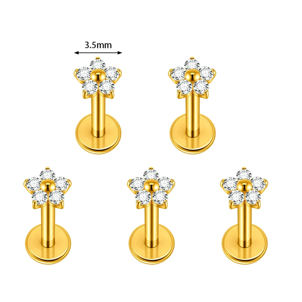 1/5PCS F136 Implant Titanium Earrings Stud,Trendy Flower Zirconia Cartilage Earrings,Tragus Conch Helix Piercing Jewelry