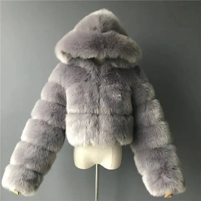 S-6XL Women Coat Autumn Winter Short Hooded Faux Fox Fur Coat Thick Warm Outerwear Fake Fur Woman Jackets Ladies Furry Coats