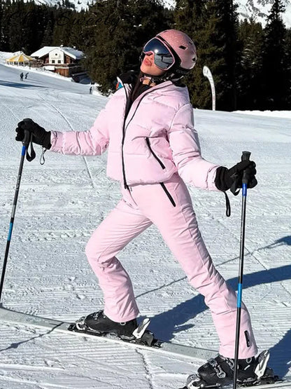 Warm Women's Skiwear Jumpsuit With Belt Stand Collar Full Sleeve Zipper Straight Thicken Jumpsuits 2026 Winter Lady Chic Clothes