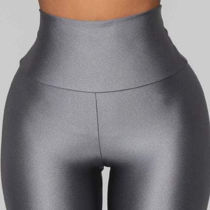 Euro-american Style Gray Gloss Leggings High-waisted Solid Color Leggings High-stretch Waist Tight Nine-point Pants For Women