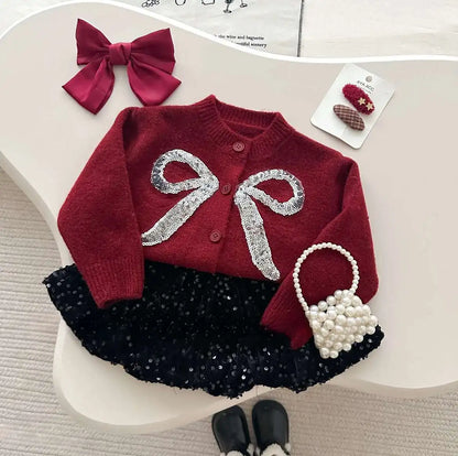 Kids Girls Cute Sweater+Shiny Skirt Fashion Set Delicate Princess  Korean Long Sleeve Bows Knitting Cardigan Coat High Waist A-l