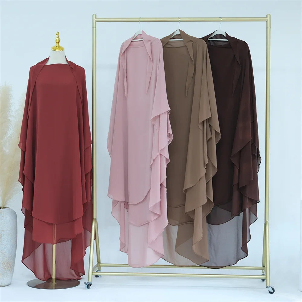 Two Layer Chiffon Extra Long Khimar Niqab Eid Ramadan Muslim Women Islamic Clothing Prayer Garment Overhead Abaya Dress Kaftan