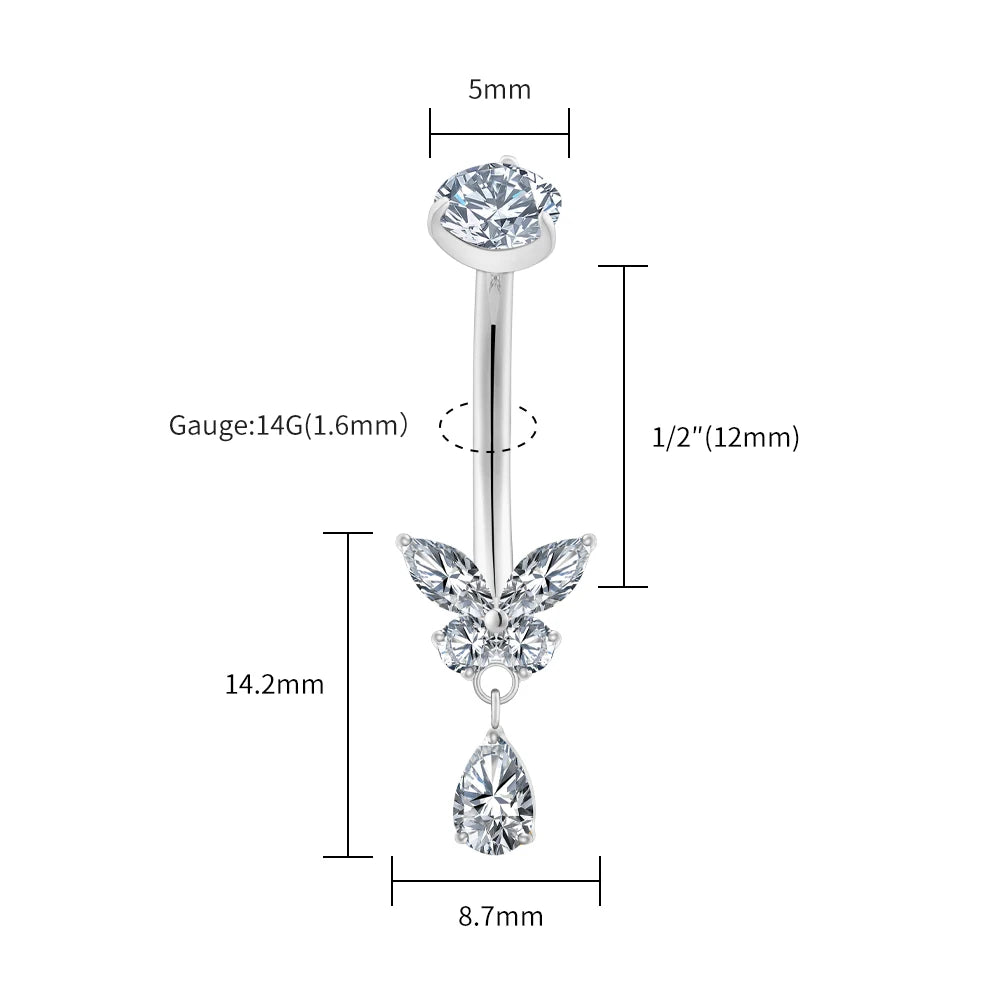 Right Grand ASTM F136 Titanium Butterfly CZ Dangle Belly Button Ring 14G Teardrop Drop Navel Curved Barbell Piercing Jewelry