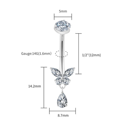 Right Grand ASTM F136 Titanium Butterfly CZ Dangle Belly Button Ring 14G Teardrop Drop Navel Curved Barbell Piercing Jewelry
