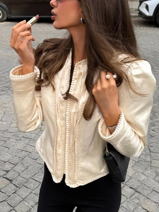 Solid Satin Lace V-Neck Puff Sleeve Blouse Curved Hem Slim Fit 2026 Summer Glam Women Satin Shirt Parisian Versatile Lady Blusa