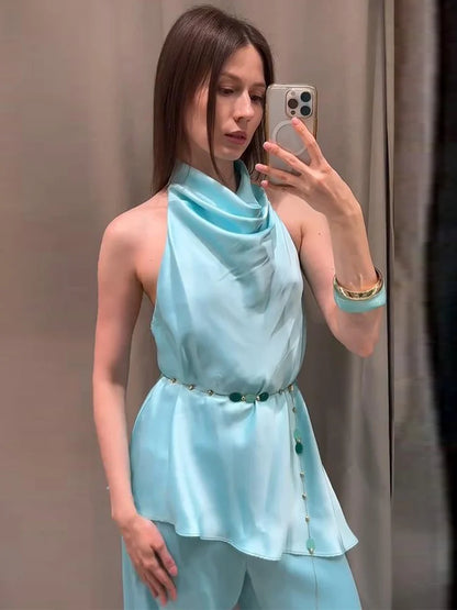 Solid Satin Halter Draped Collar Jumpsuit Backless Sleeveless Loose Top Wide Leg Pants 2026 Summer Autumn Fashion Women Outfits