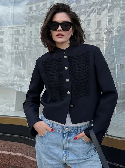 Fashion Black Court Style Cropped Jacket For Women Elegant O-neck Long Sleeve Double Breasted Coat Lady 2026 Spring Chic Outwear