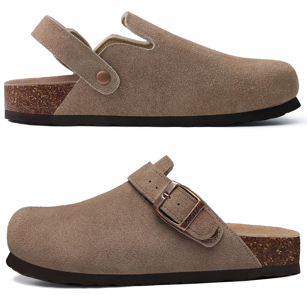 Evshine Women Suede Cork Slippers with Adjustbale  Strap Comfy Arch Support Leather Mules Retro Men Potato Shoes Lady Cork Clogs