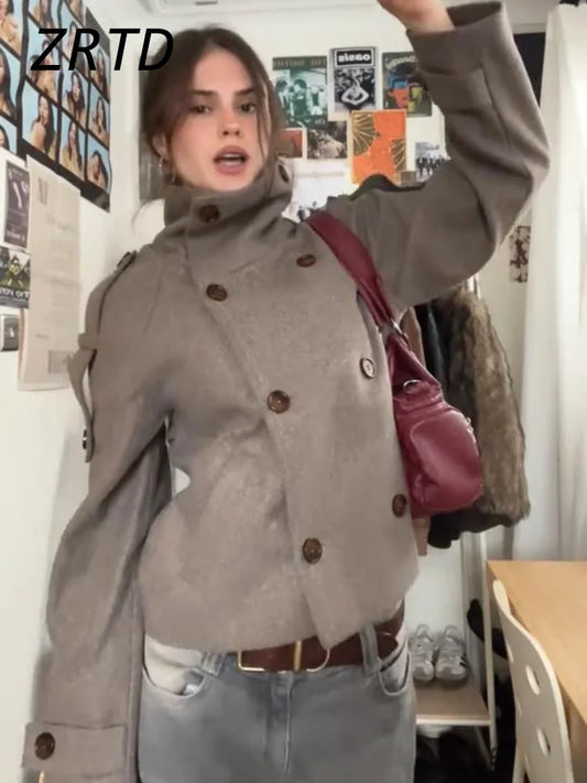 Elegant Women's Short Woolen Coats Stand Collar Double Breasted Long Sleeve Female Jacket 2026 Autumn Winter Lady Warm Outwear