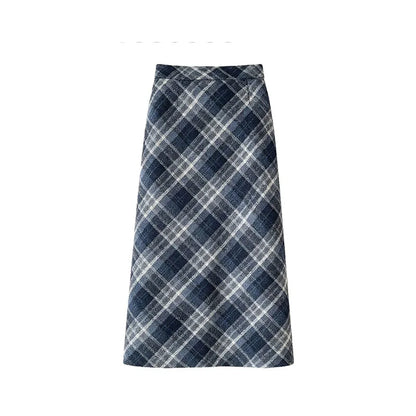Plaid Woolen Skirts Women New Fashion 2026 Autumn Winter High Waisted Straight Midi Skirts Woman Preppy Style Retro Long Skirt