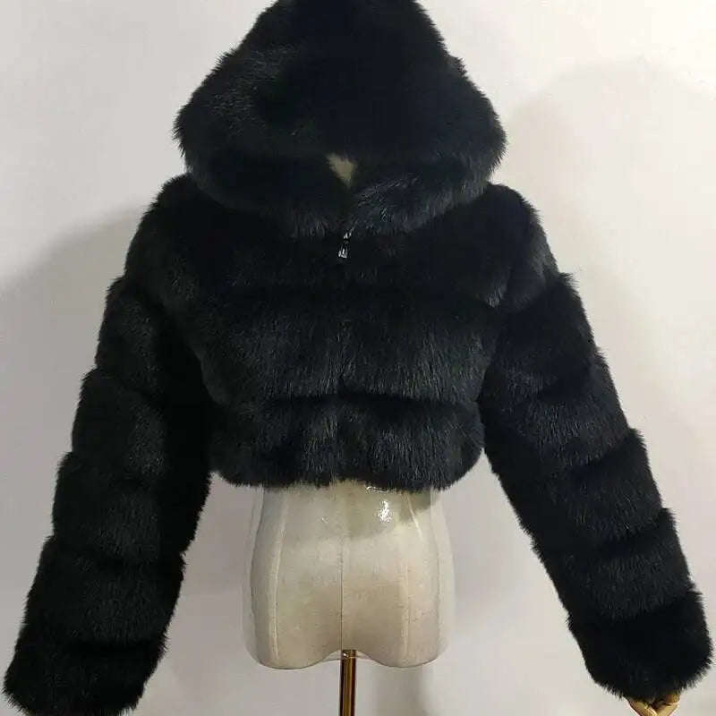 S-6XL Women Coat Autumn Winter Short Hooded Faux Fox Fur Coat Thick Warm Outerwear Fake Fur Woman Jackets Ladies Furry Coats