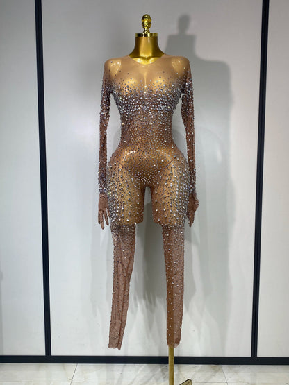 Luxury Rhinestones Bodycon Jumpsuit Sexy Women Mesh See Through Birthday Gown Women Bar Nightclub Dancer Stage Outfit