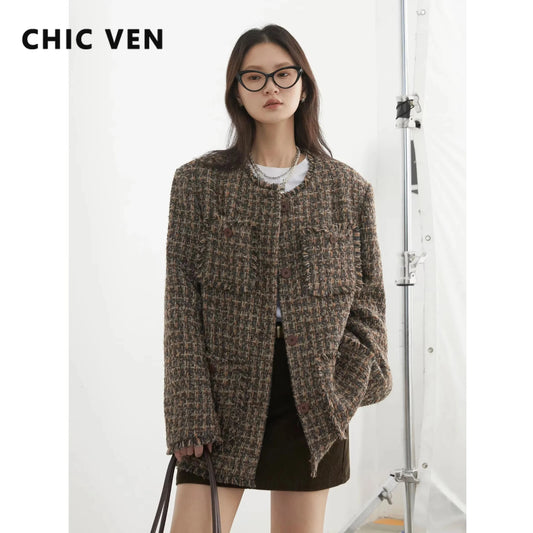 CHIC VEN Women Coat Single Breasted Retro Loose Jacket Frayed Edge Design Female Top Office Ladies Clothing Autumn Winter 2026