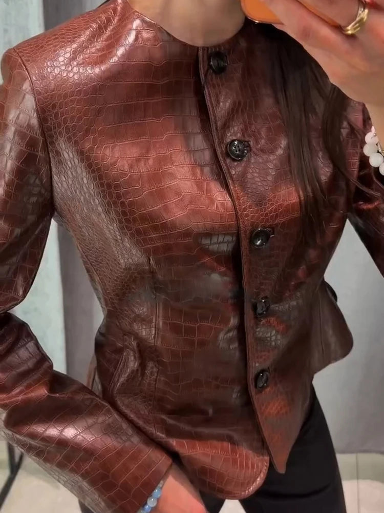 Croc Embossed Faux Leather Jacket Round Neck Button Front Long Sleeve 2026 Autumn Women Chic Date Outfit Street Trendy Outerwear