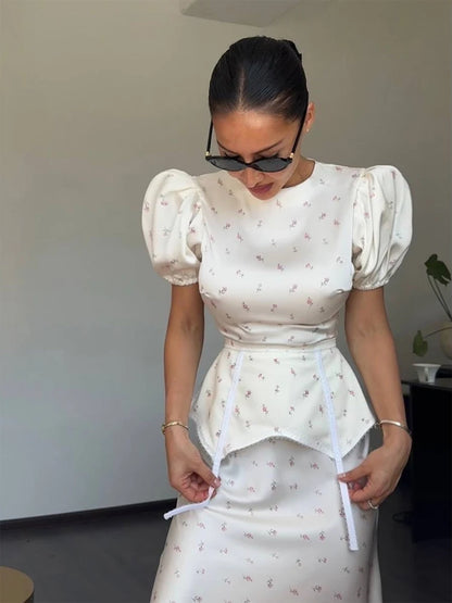 Elegant Printed Satin Skirt Set Women Fashion Round Collar Short Sleeve High Waist Top Skirts Suit Chic 2026 Lady Street Outfit