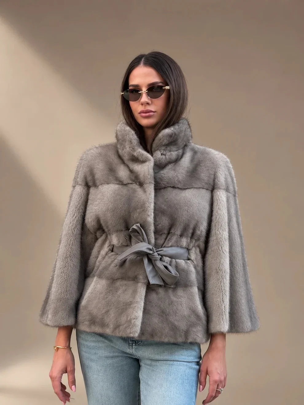 Lady Faux Fur Waist Belt Coat Casual Stand Collar Wide Flare Sleeve Stitched Plush Jacket Soft Thick Warm Winter Outerwear Daily