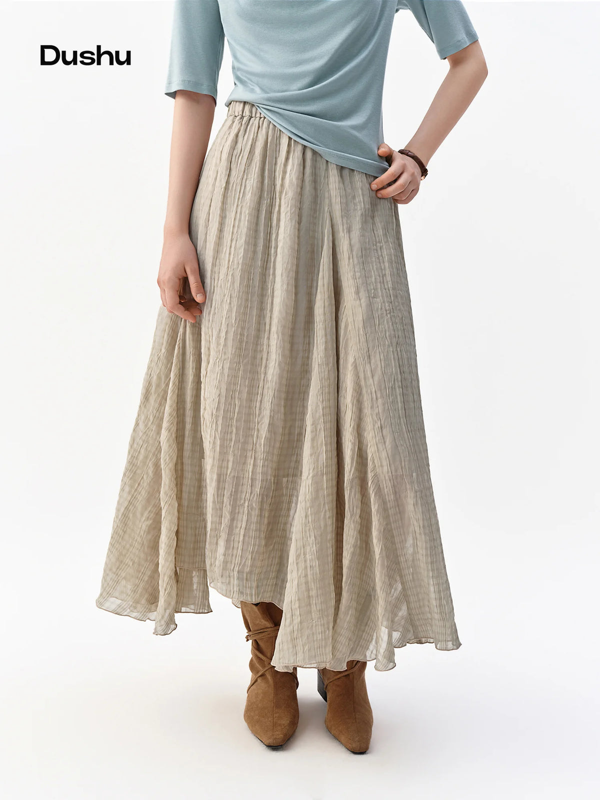 DUSHU Retro Nomadic Style Plaid Midi Skirt Women Irregular Design New Autumn 2026 Elastic Waist Casual Midi Skirt Khaki