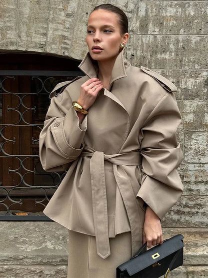 Khaki Lace Up Cape Trench Coat Loose Solid Full Sleeve Lapel Windbreaker 2026 Autumn New Fashion Commute Casual Daily Coats