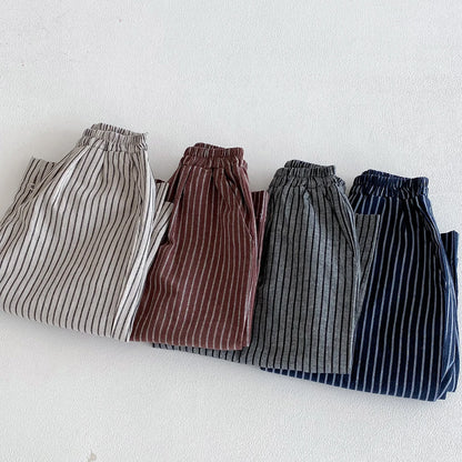 Boys Girls Linen Cotton Stripe Trousers For Children's Clothes Fall Spring Boy Loose Casual Harem Pants Kids Long Pants for 1-7T
