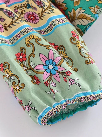 Vintage Chic Women Green Floral Printed V-neck Lace-up Bohemian Blouse Shirts Long Sleeve Tassel Rayon Tops Boho Shirt Blusas