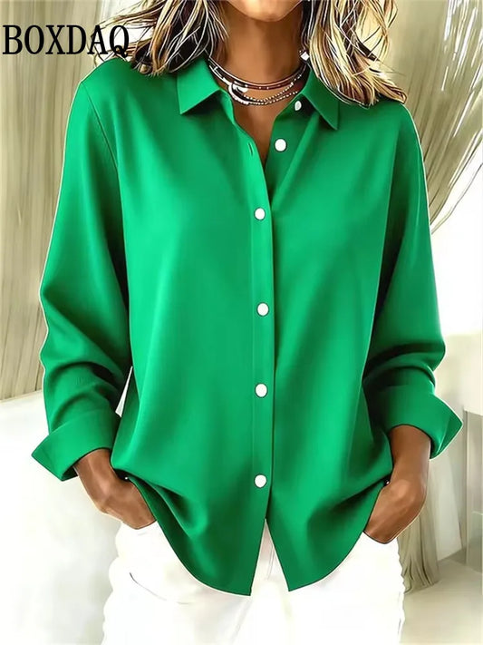 Spring Fashion Women Lapel Shirts Casual Solid Color Long Sleeve Buttons Tops Elegant Work Ladies Blouse Shirt For Everyday Wear
