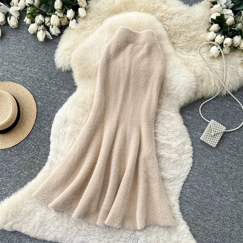 Women Faux Mink Knit Mermaid Skirt High Waist Soft Fuzzy Warm Sweater Skirt Fall Winter Elegant Bodycon Long Midi Skirts 636