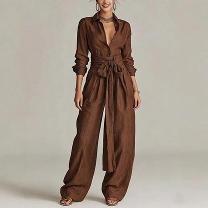 Sexy Single Breasted Lapel Top & Long Pants Sets Woman Casual Solid High Waist Lace-up Outfit Spring Long Sleeve Two Piece Suits