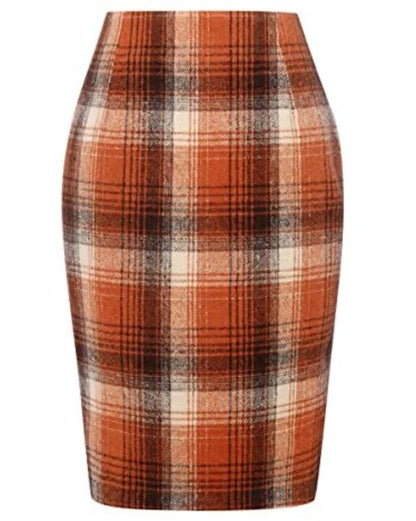 Women Tartan Plaid Thick Woolen Pencil Skirt Lined Back Invisible Zipper High Waist Bodycon Midi Skirt For Daily Casual Outings