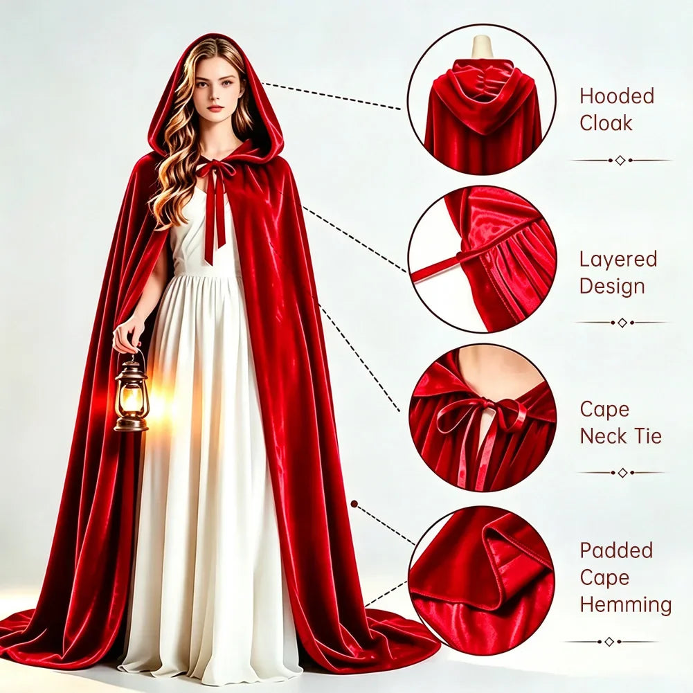 Halloween Hooded Velvet Cloak Long Medieval Cape Wide Silhouette Velvet Shawl For Women Wedding Stage Festival Holiday