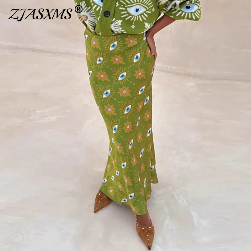 Vintage Pattern Print High Waist Maxi Skirts for Woman Elegant Slim Bodycon Skirt Spring Autumn Fashionable Long Skirts Harajuku