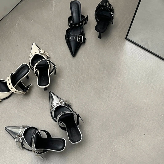 Women's Pointed-Toe Buckle Mules in Heel Options