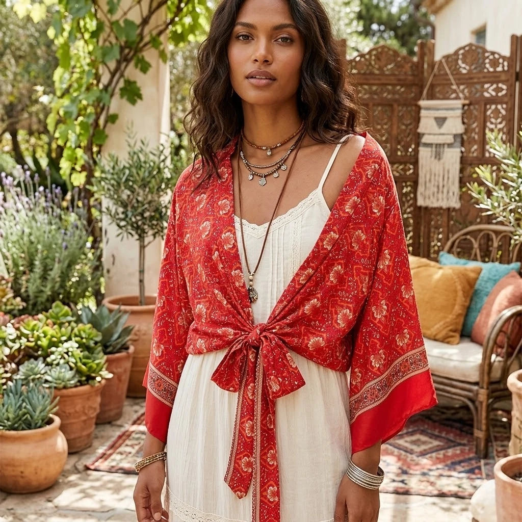 Vintage Multi Floral Boho Kimono Short Robe Swimsuits Women Fashion Batwing Sleeves Rayon Bohemian Bikini Cover Ups Beachwear