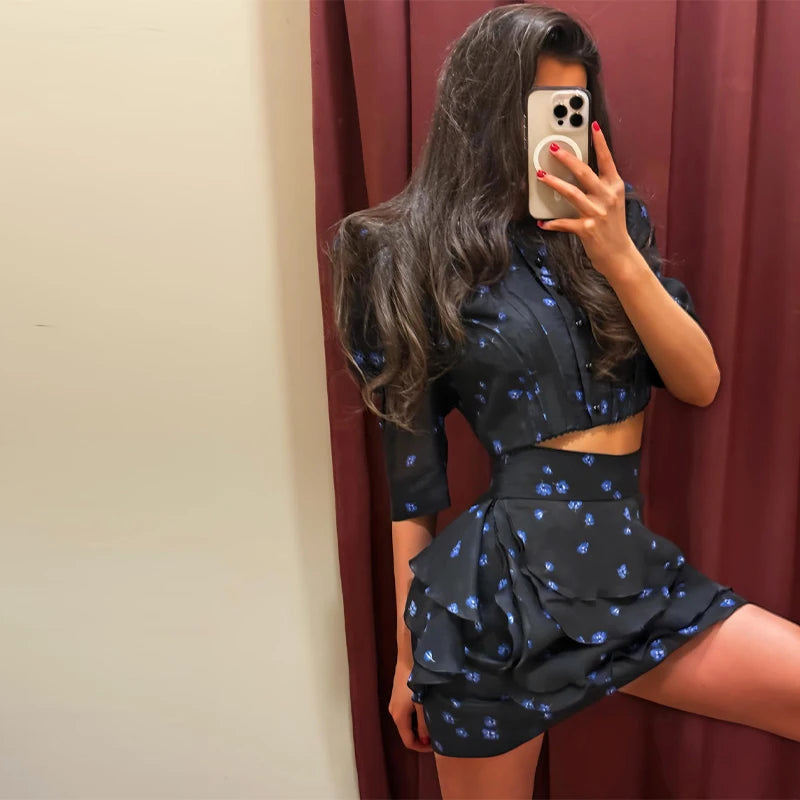 Elegant Printed Cropped Shirts Chiffon Skirt Sets Women Pleated Puff Sleeve Tops Ruffles Mini Skirts 2026 Summer Holiday Suit