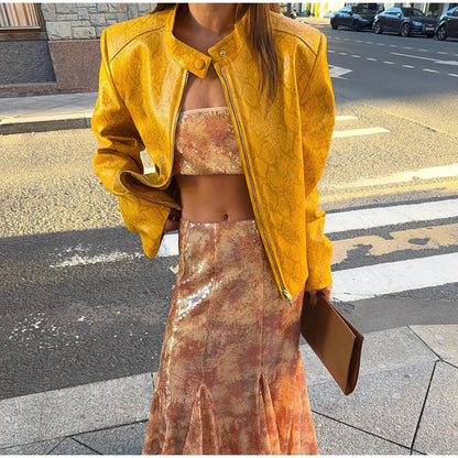 Crocodile Grain Women's Outerwear Lapel Long Sleeve Leather Jacket Vintage Olive Green Leather Coat Loose Cropped Fit Single