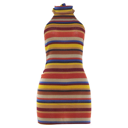 Cryptographic Striped Knit Halter Mini Dress Colorful Contrast Sleeveless Backless Summer Casual Clubwear Bodycon Short Dresses