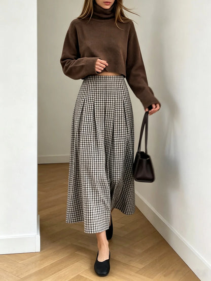 Women Spring Autumn Plaid Midi Skirt,High Waist Pleated A‑Line Long Skirt,Vintage Checkered Flowy Swing Skirts