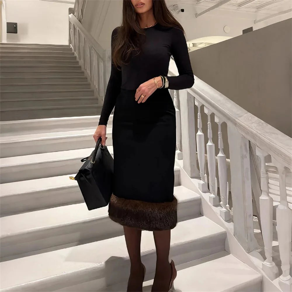 LIMO Women Midi Pencil Skirt Faux Fur Hem Elegant High Waist Winter Thick Bodycon Skirt