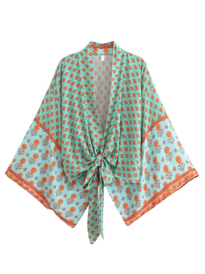 Vintage Multi Floral Boho Kimono Short Robe Swimsuits Women Fashion Batwing Sleeves Rayon Bohemian Bikini Cover Ups Beachwear