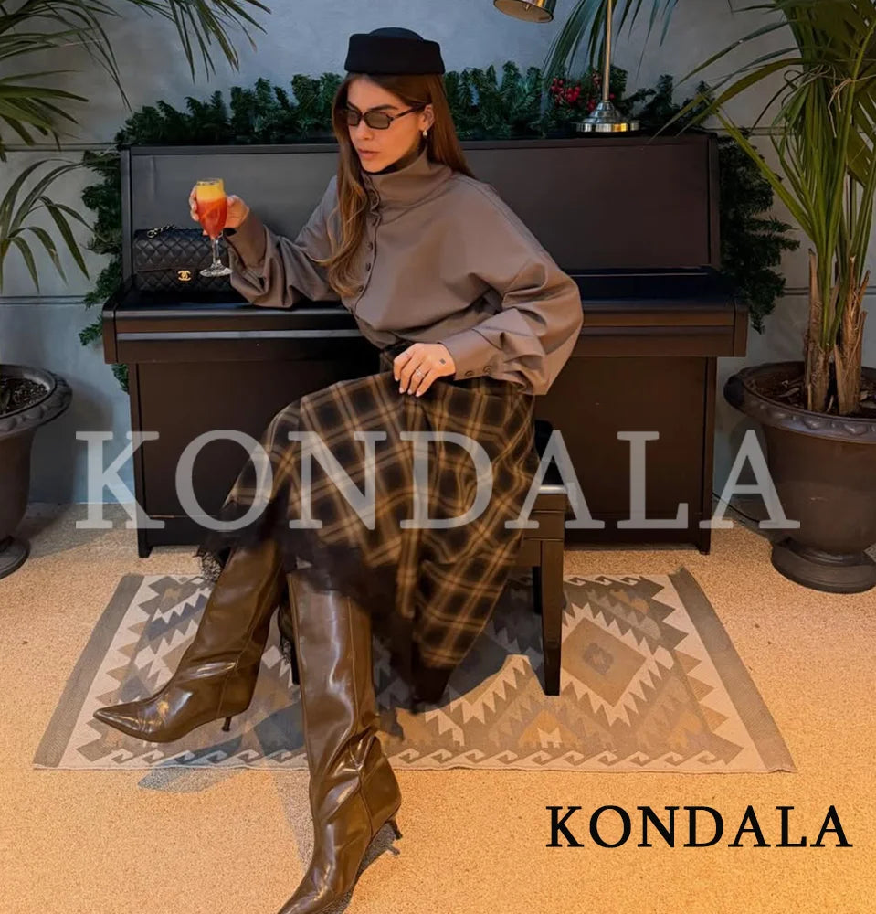 KONDALA Vintage Chic Lady Midi Skirt Plaid Lace Long Skirt Women New 2026 Spring Summer Elegant Commute Dinner Party Lady Skirt