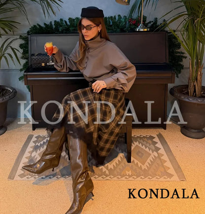KONDALA Vintage Chic Lady Midi Skirt Plaid Lace Long Skirt Women New 2026 Spring Summer Elegant Commute Dinner Party Lady Skirt