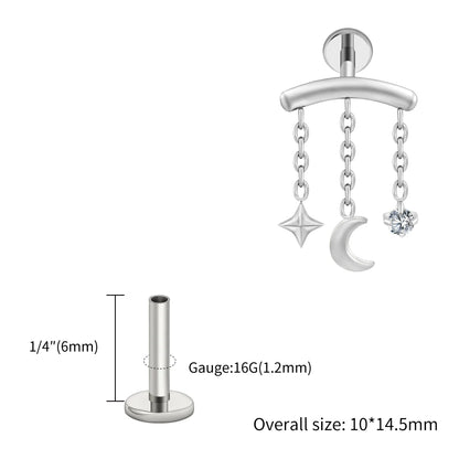 Right Grand ASTM F136 Titanium Hidden Helix Chain Earring 16G Dainty Star Moon CZ Dangle Cartilage Stud Piercing Jewelry