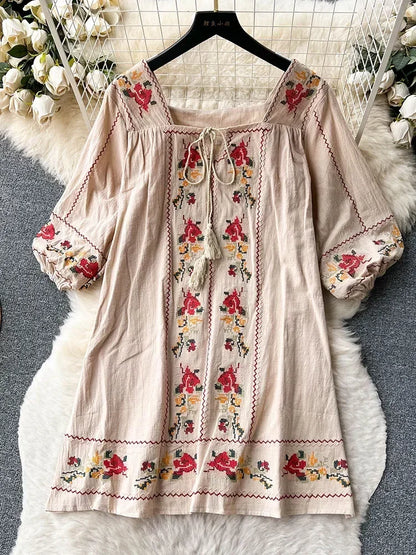 Women Summer Dress Retro Ethnic Style Square Neck Quarter Sleeve Embroidered Loose A-line Holiday Style First Love Dress D3980